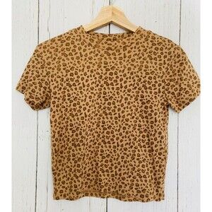 Topshop Women's Crop Top Short Sleeve Brown Cheetah Leopard T Shirt Size 6